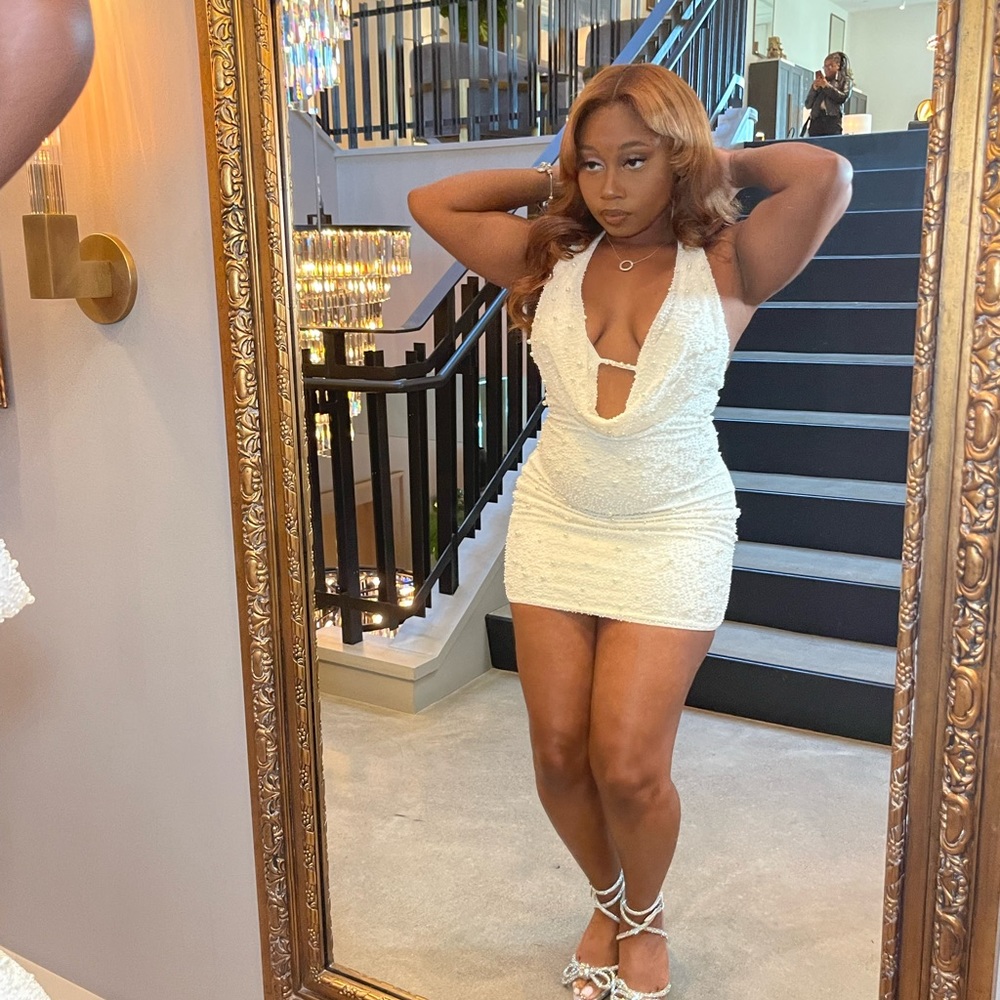 OhPolly VERSAILLES Deep Plunge Embellished Mini Dress in White size 2